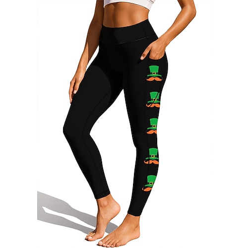 St. Patrick Damen Pilates-Leggings Fitnesshose Trainingsleggings Taschen Stempelsteuer Seitentaschen Pilates Fitnessstudio Fitnesstraining Strumpfhosen Leggings Unterteile Bäume / Blätter Kleeblatt Image