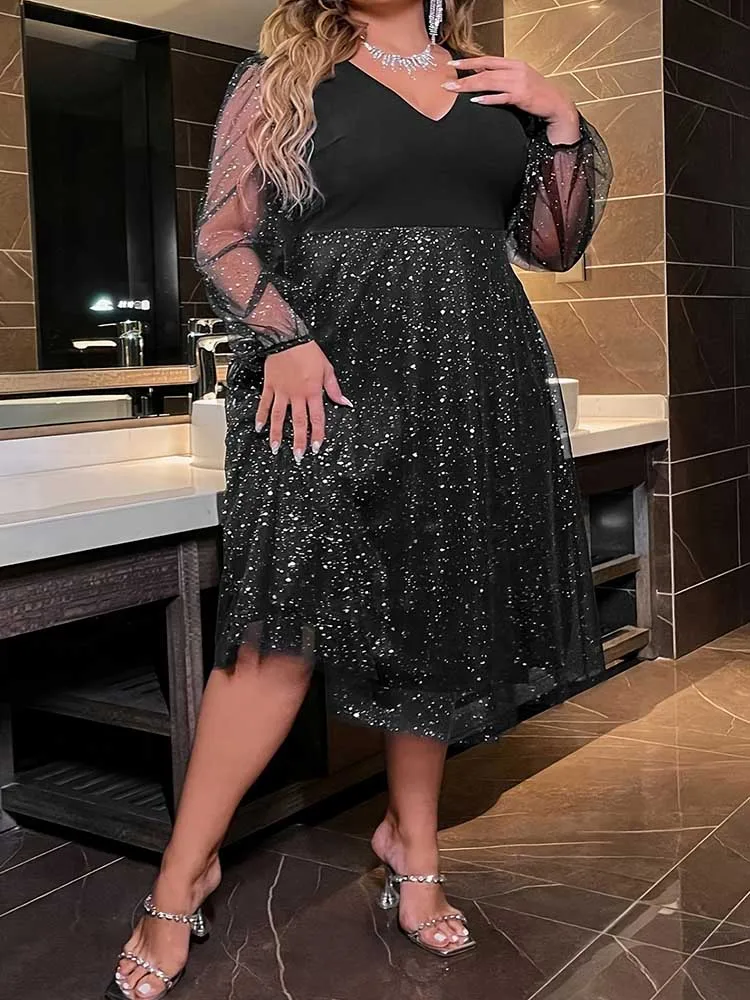 Plus Größe Abendkleider Frau Luxus Hohe Taille Abend Schwarz Kleid V-ausschnitt Elegante Glänzende Tanz Kleid Großhandel Dropshipping