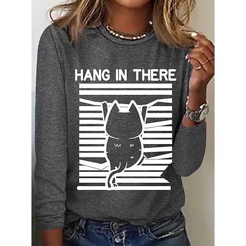 Weihnachten Damen T Shirt Druck Grafik Tiermotiv Katze Vintage Mode Stilvoll Langarm Rundhalsausschnitt Rundhals Normale Oberteile Täglich Wochenende Blau Schwarz Weiß Rosa Grün Frühling Herbst Image