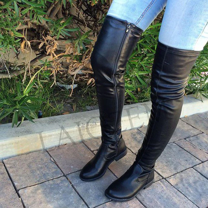 LAIGZEM Trendy Über Knie Frauen Stiefel Oberschenkel Hohe Seite Zip Low Chunky Heels Faux Leder Schuhe Botines Mujer Große Größe 34-52