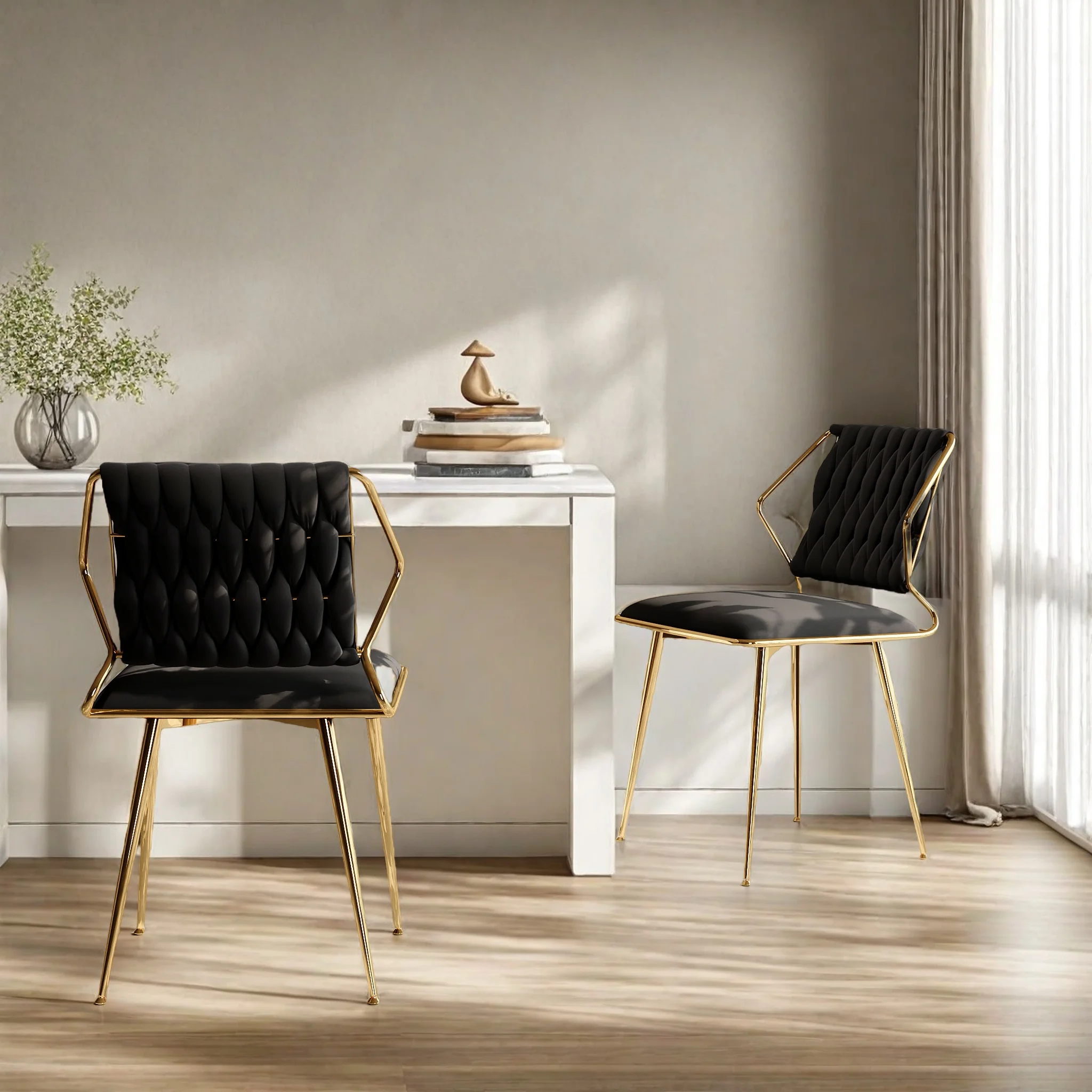 WoodenAura Esszimmerstühle 2er set, Sessel, Barhocker, Küchenstuhl, vergoldete Stuhlbeine, Samt, schwarz