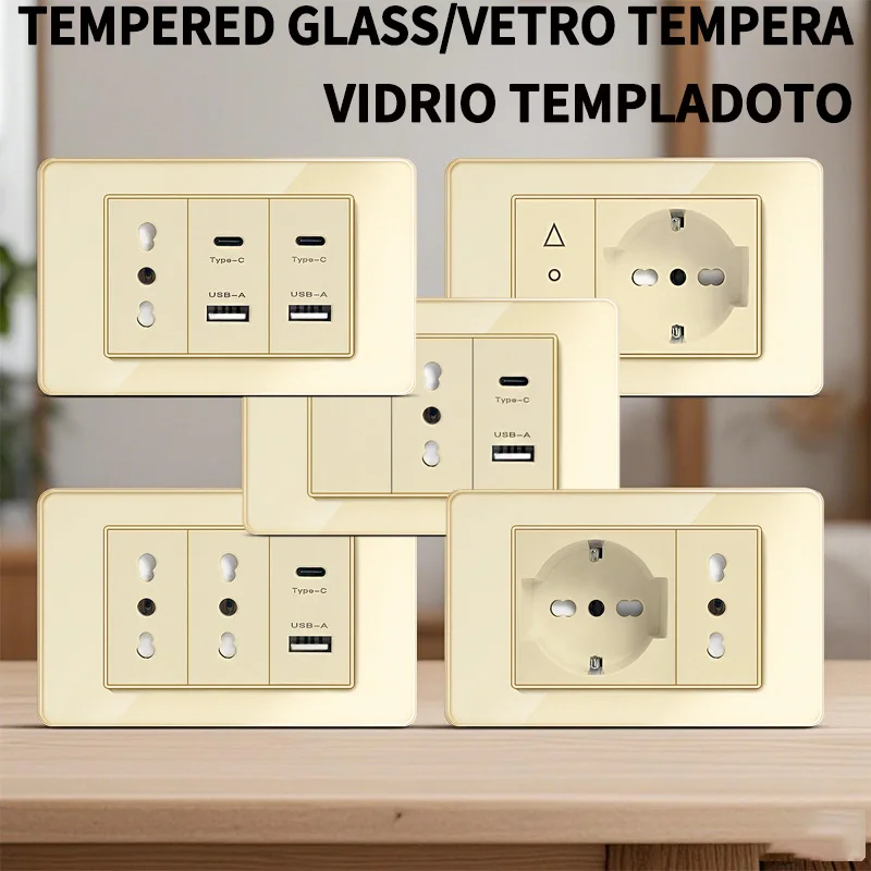 118-Style EU/CL-Doppelsteckdose mit USB-C PD 20 W – Italien- und Chile-Steckdose aus gehärtetem Glas für Zuhause/Büro ​ Image