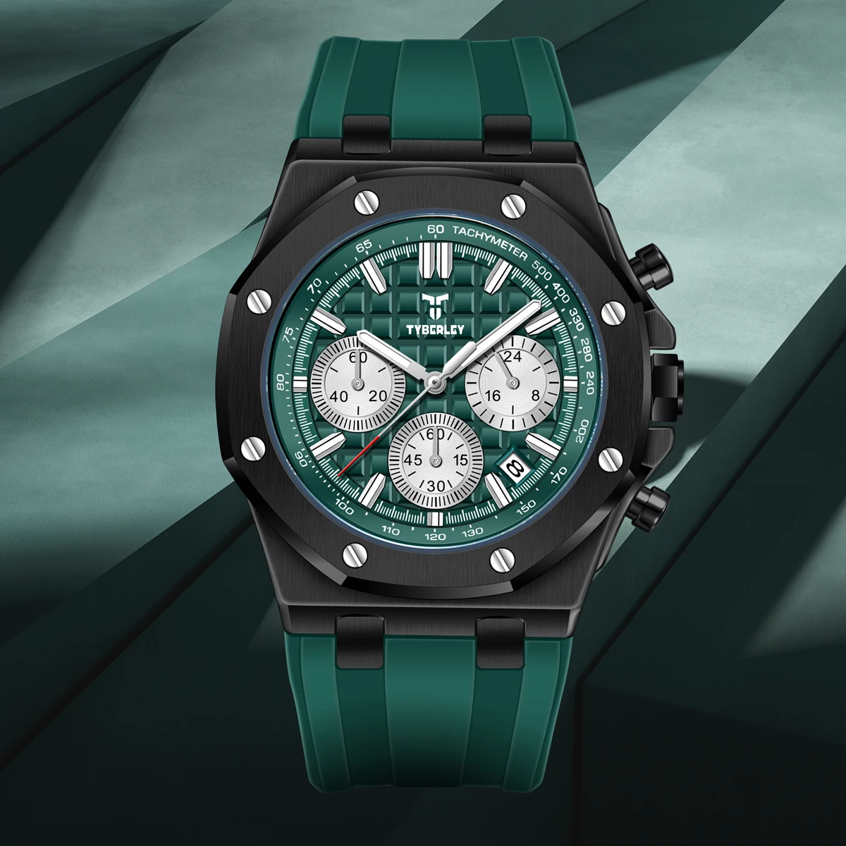 TYBERLEY 2025, neue Retro-grüne Herren-Luxus-Quarzuhr, Sport-Chronograph, leuchtende wasserdichte Uhr, Herren-Silikongitter, buchstäblich Image