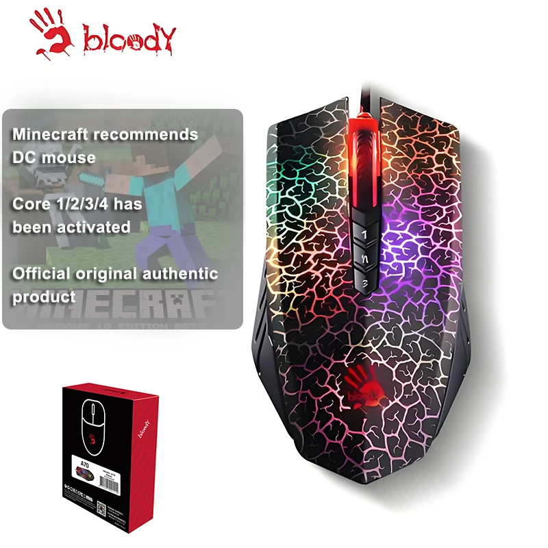 A4TECH A70 Bloody Light Strike Schwarze Gaming-Maus, 100–6200 CPI einstellbar, 6 Scharfschützenmodi, langlebiger X Glide Metal Armor Boot Image