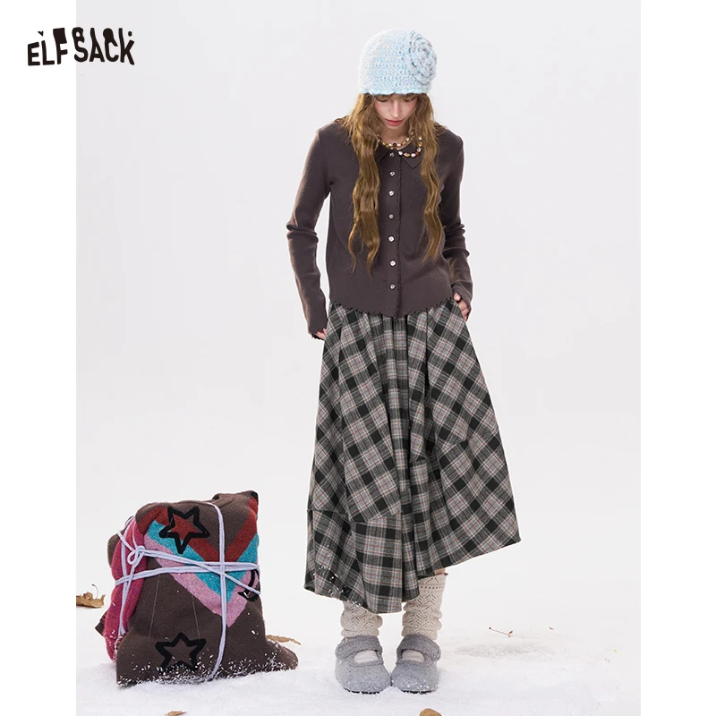 ELFSACK Y2K Vintage Casual Lose Unregelmäßige Große Rock Plaid Langes Kleid Für Frauen