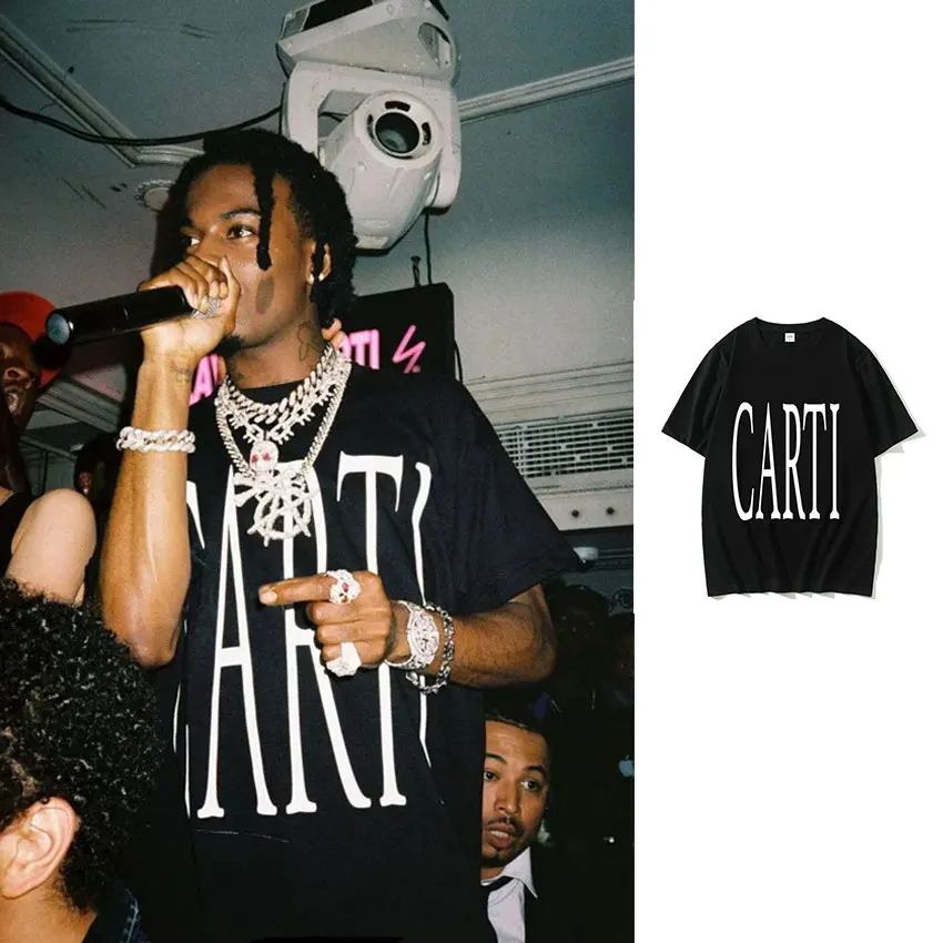 Rapper Playboi Carti T-Shirt große Schrift v wie auf Carti Print Grafik T-Shirt Männer Hip Hop 100% Baumwolle übergroße T-Shirts Streetwear gesehen