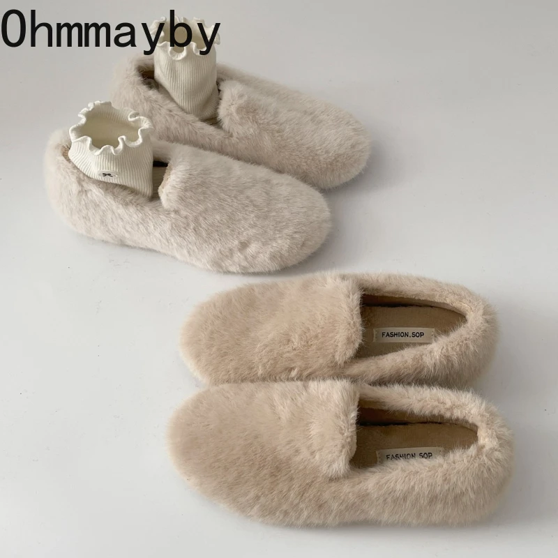 Vintage Warme Baumwolle Frauen Pelz Wohnungen Schuhe Komfort Weiche Sohle Kurze Plüsch Mary Jane Schuhe Outdoor Herbst Winter Slip Auf Schuhe