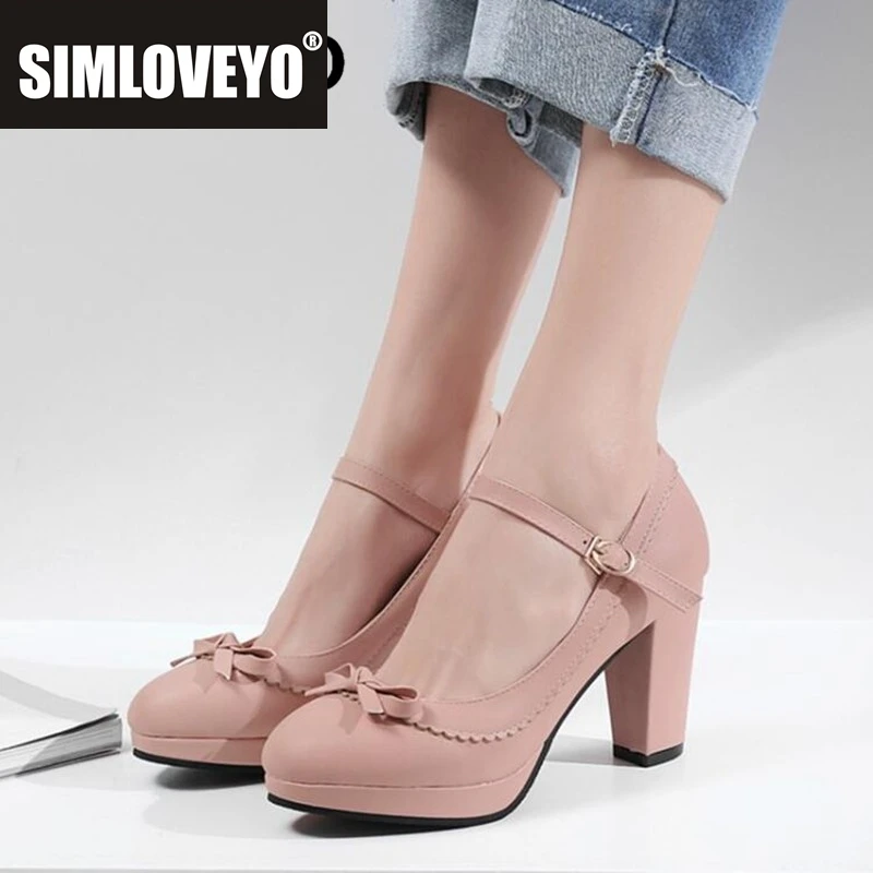 SIMLOVEYO Große Größe 45 46, Damen-Riemenpumps, Schleifen, Plateau, High Heels, runde Zehen, Party- und Hochzeitsschuhe, Braut-Stilettos, Schwarz