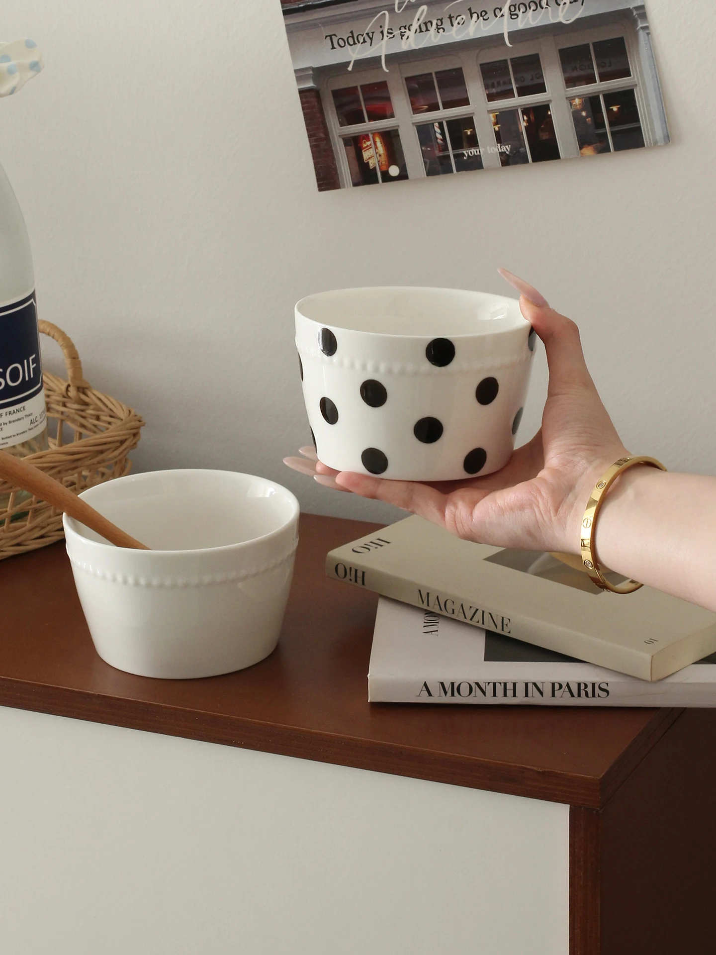 Vintage Black Dot Ceramic Bowl 4.5 Inch Nordic Minimalist Porcelain Rice Noodle Soup Bowl Modern Speckled Household Tableware