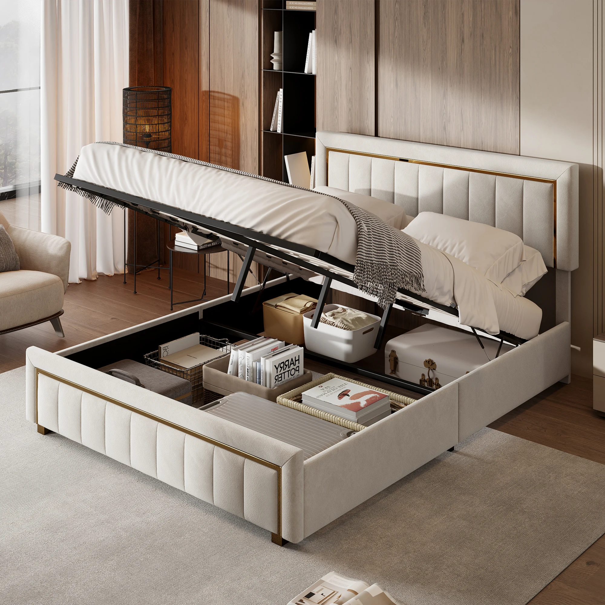 Anajqaqia 140×200/160×200 cm gepolstertes Doppelbett, hydraulisches Bett mit Stauraum, vertikalen Streifen und goldenen Rahmenkanten, Samt Image