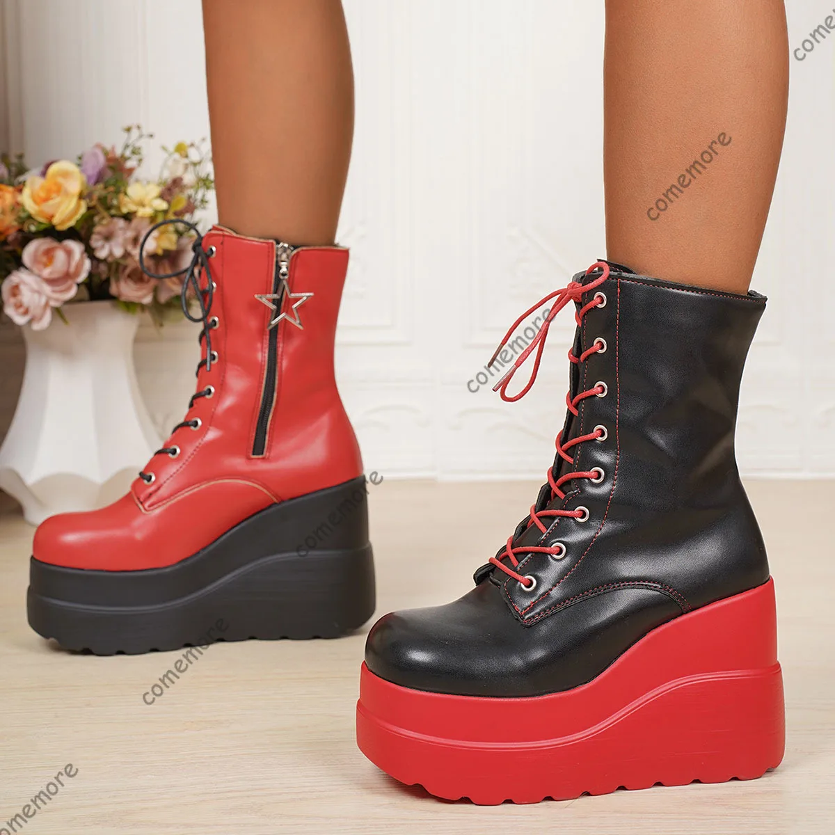 Comemore Frauen Punk Gothic Motorrad Stiefel Plattform 11CM Chunky High Heel Ankle Boot Damen Kühlen Keil Schwarz Rot Weibliche schuhe