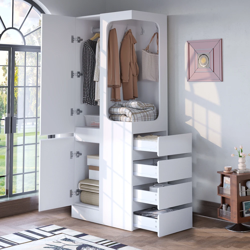 70 x 40 x 170 cm moderner offener Kleiderschrank mit einer Tür – Aufbewahrungsschrank mit Schubladen und Fächern, platzsparender Home-Organizer