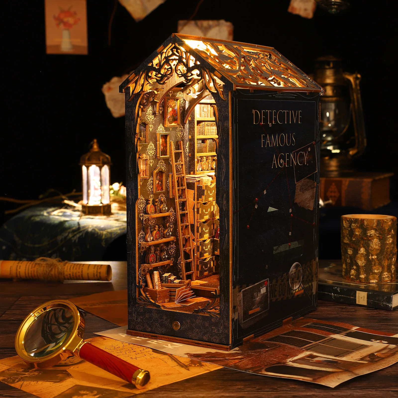 DIY Buch Ecke Kit 3D Holz Puzzle Bücher Regal Einsatz Dekorative Puppe Haus Modell Mit LED Lichter Kreative Gebäude Kinder Geschenke Image