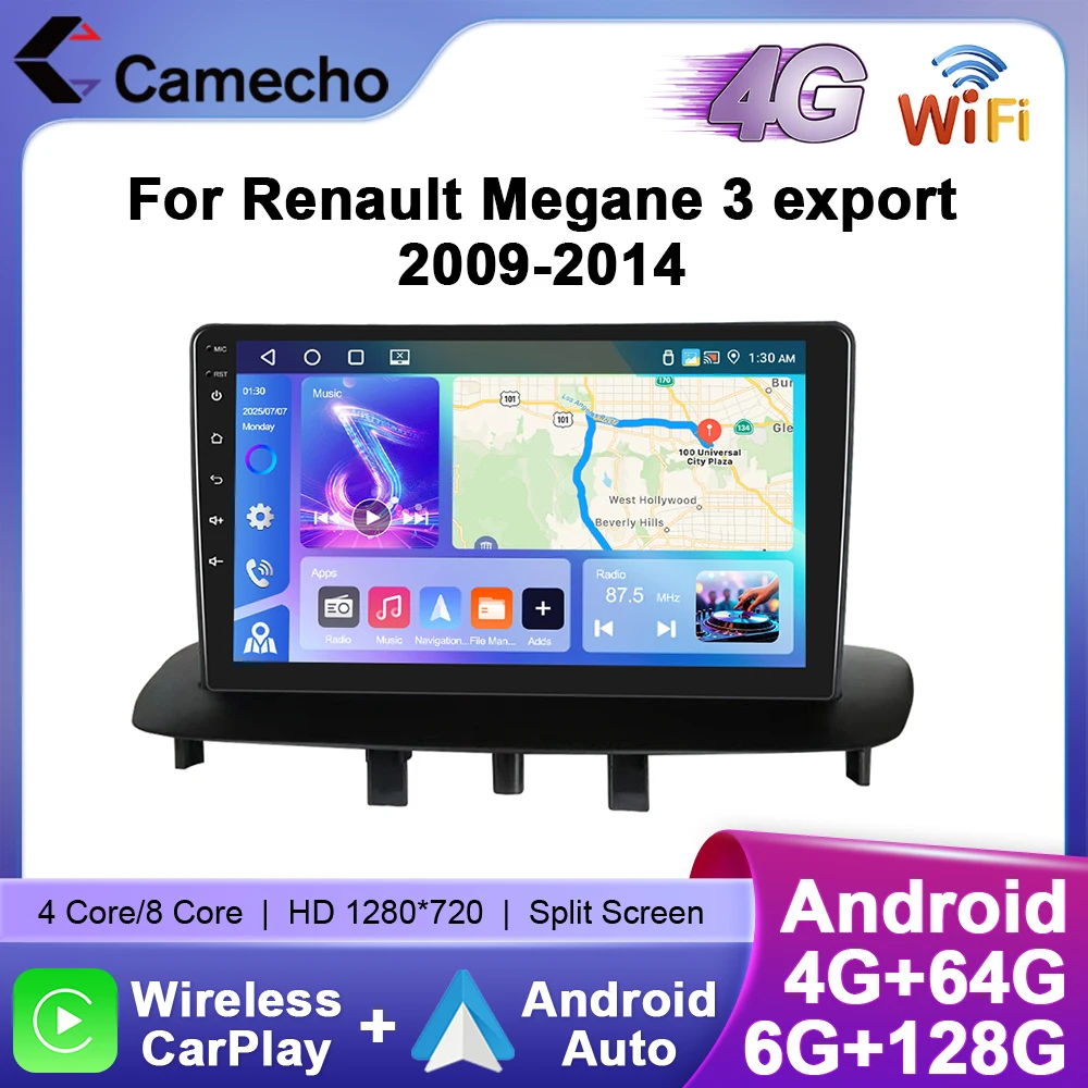 Camecho Auto Radio Für Renault Megane 3 2009-2014 Drahtlose CarPlay Android Auto Multimedia Player 6 + 128G WIFI 4G Mirrorlink GPS Image