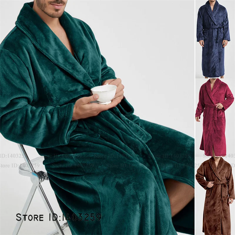 Winter Verdicken Flanell Lange Robe Paar Nachtwäsche Kimono Bademantel Kleid Lose Beiläufige Männliche Homewear Nachtwäsche Korallen Fleece Pyjama Image
