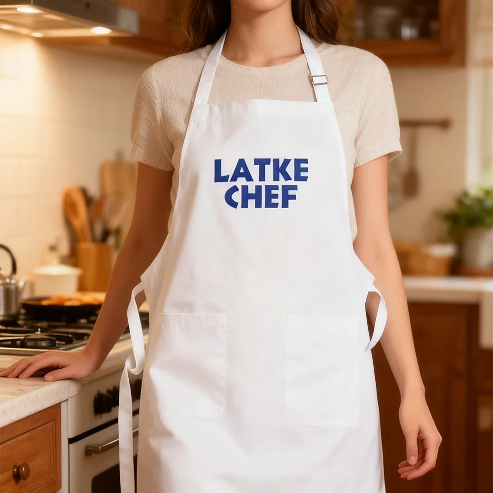 Latke Chef-Schürze, jüdische Feiertage, Küchendekoration, Chanukka, Chanukka, Shabbat, Shalom, Backen, Kochzubehör, Mutter, Frau, Gastgeberin, Geschenk Image