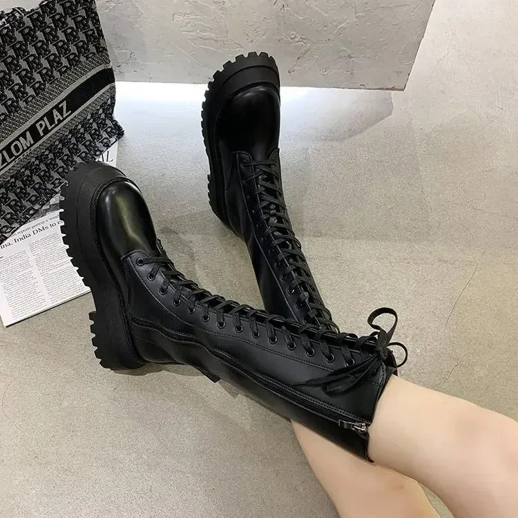 Frauen Motorrad Stiefel Keile Flache Schuhe Frau High Heel Plattform PU Leder Stiefel Lace Up Frauen Schuhe Schwarze Stiefel Girls2021 Image