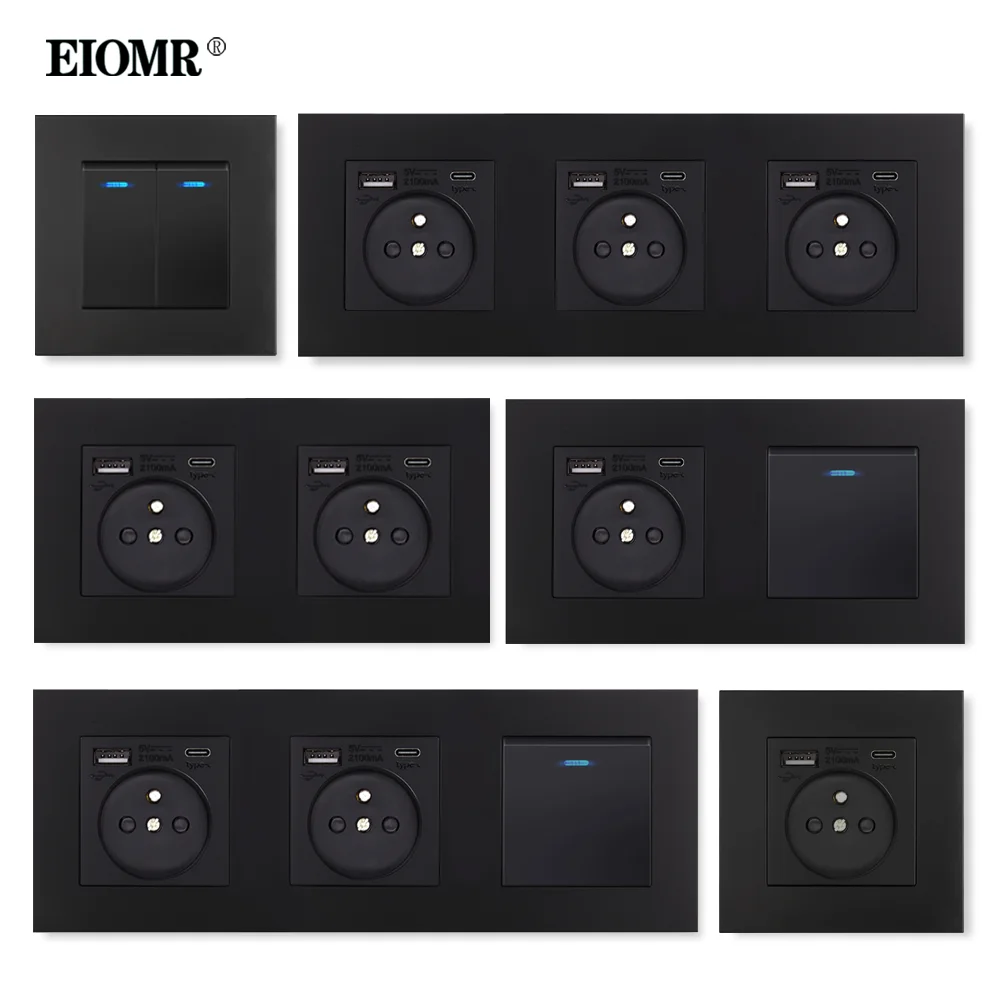 EIOMR Schwarz mit Rocker Schalter Mehrere Steckdose Kombination AC 110 ~ 250V 5V 2,1 EINE 16A Französisch standard Steckdose Wand Schalter Image