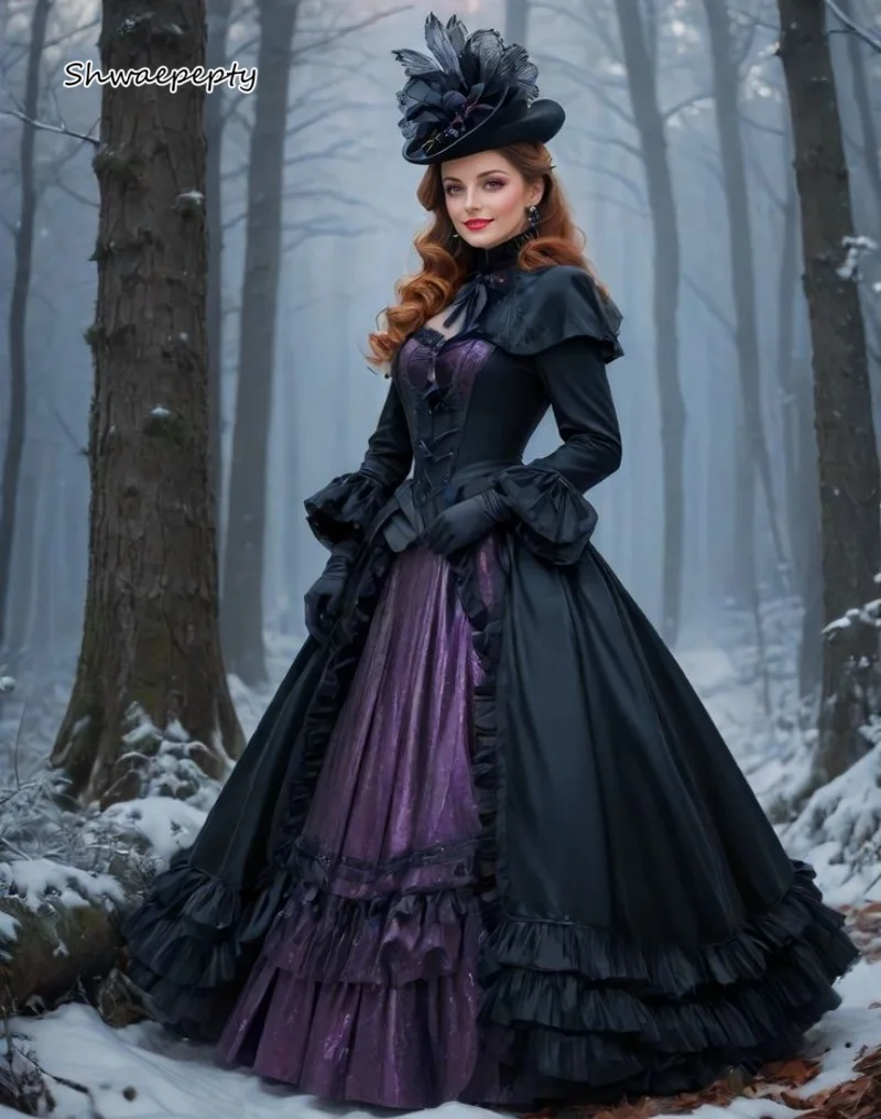 Mittelalterliches Gothic-Abschlussballkleid in Schwarz und Lila, Vintage-viktorianisches Abschlussball-Maskeradekleid, maßgeschneidert, lange Ärmel, Damenkostüm 2026