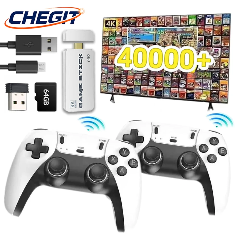 CHEGIT 40000+ Retro Games 64G 4K Gaming Consola Video Game Stick 23+ Simulators Handheld Video Game Console Wireless Gamepads