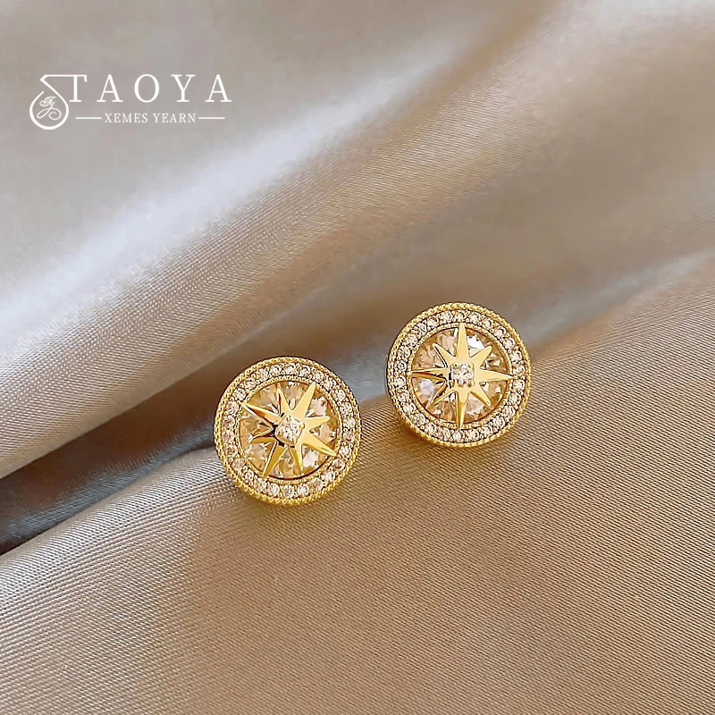 Goldfarbene, sternförmige, mikroeingelegte Zirkon-Kreis-Ohrstecker, hochwertiger Modeschmuck, leichtes Luxus-Accessoire für Frauen 2025, Image
