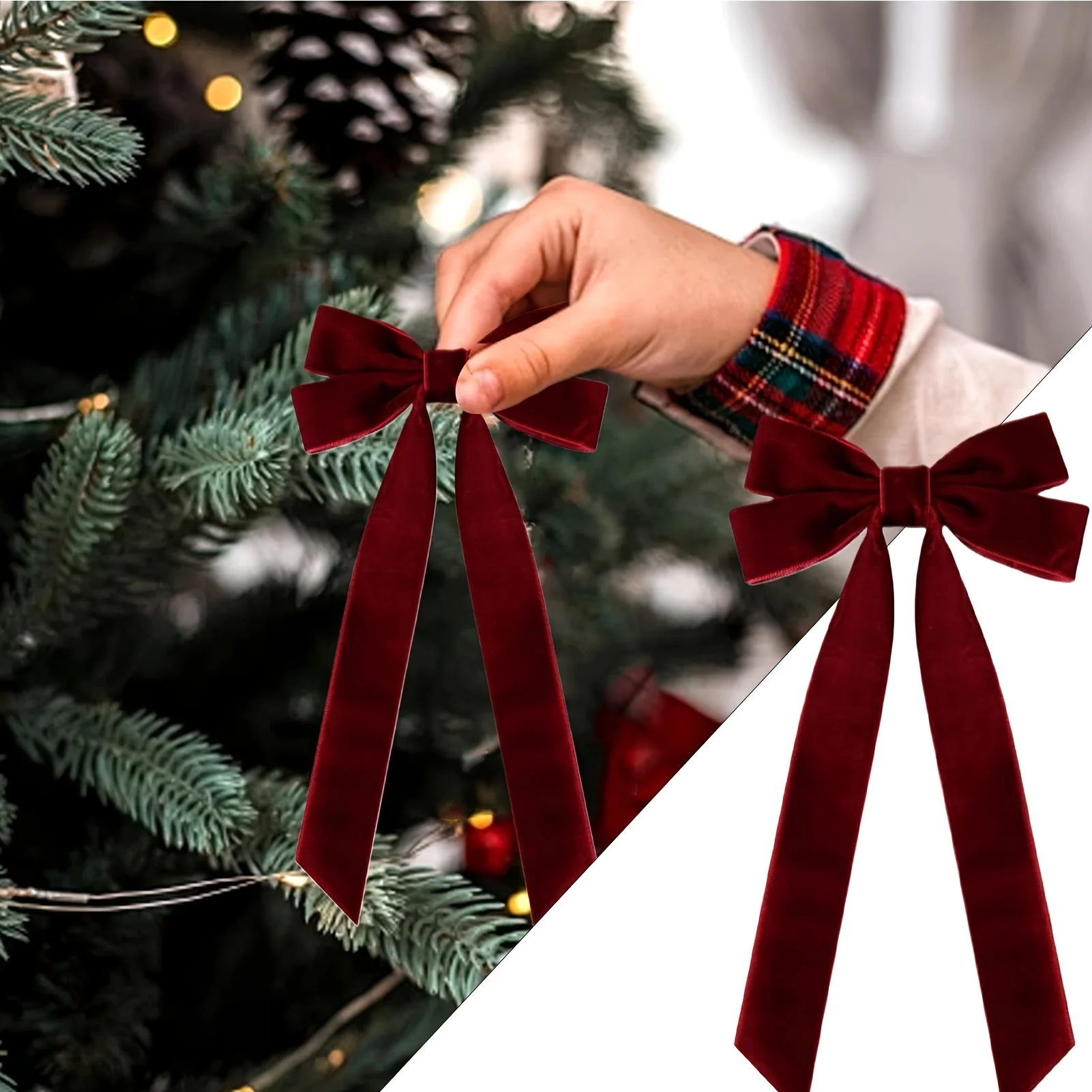 10 rote Samt-Weihnachtsbaumschleifen – festliche Geschenkschleifen für Weihnachtskränze, Dekorationen und Volkshandwerk, federfrei, glänzend S Image