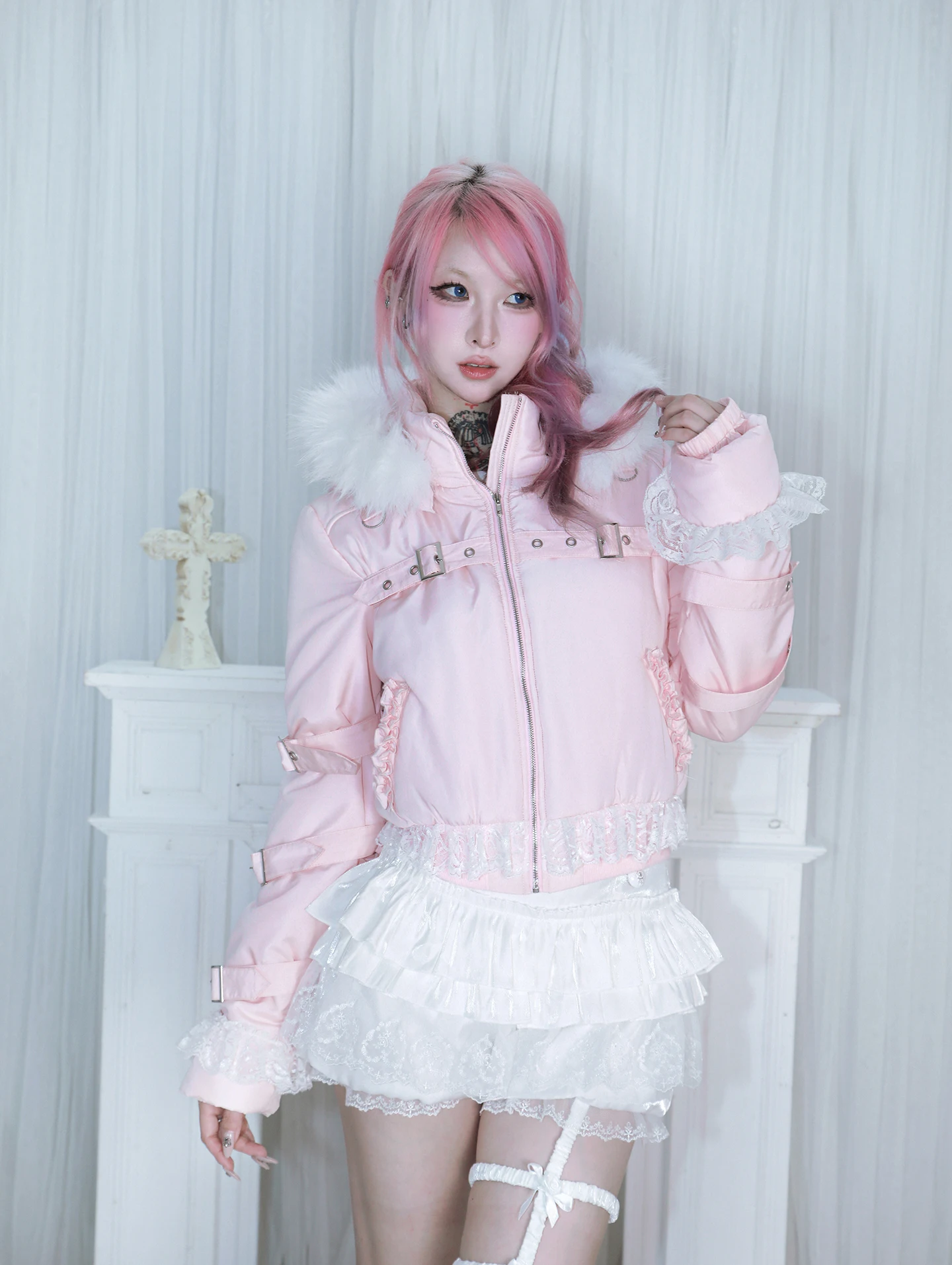 HBreaker Origina Design Abnehmbare Mütze Rosa Punk Jacke Winter Pelzigen Kawaii Nette Mädchen Kurze Spitze Patch Baumwolle Stepp Mäntel