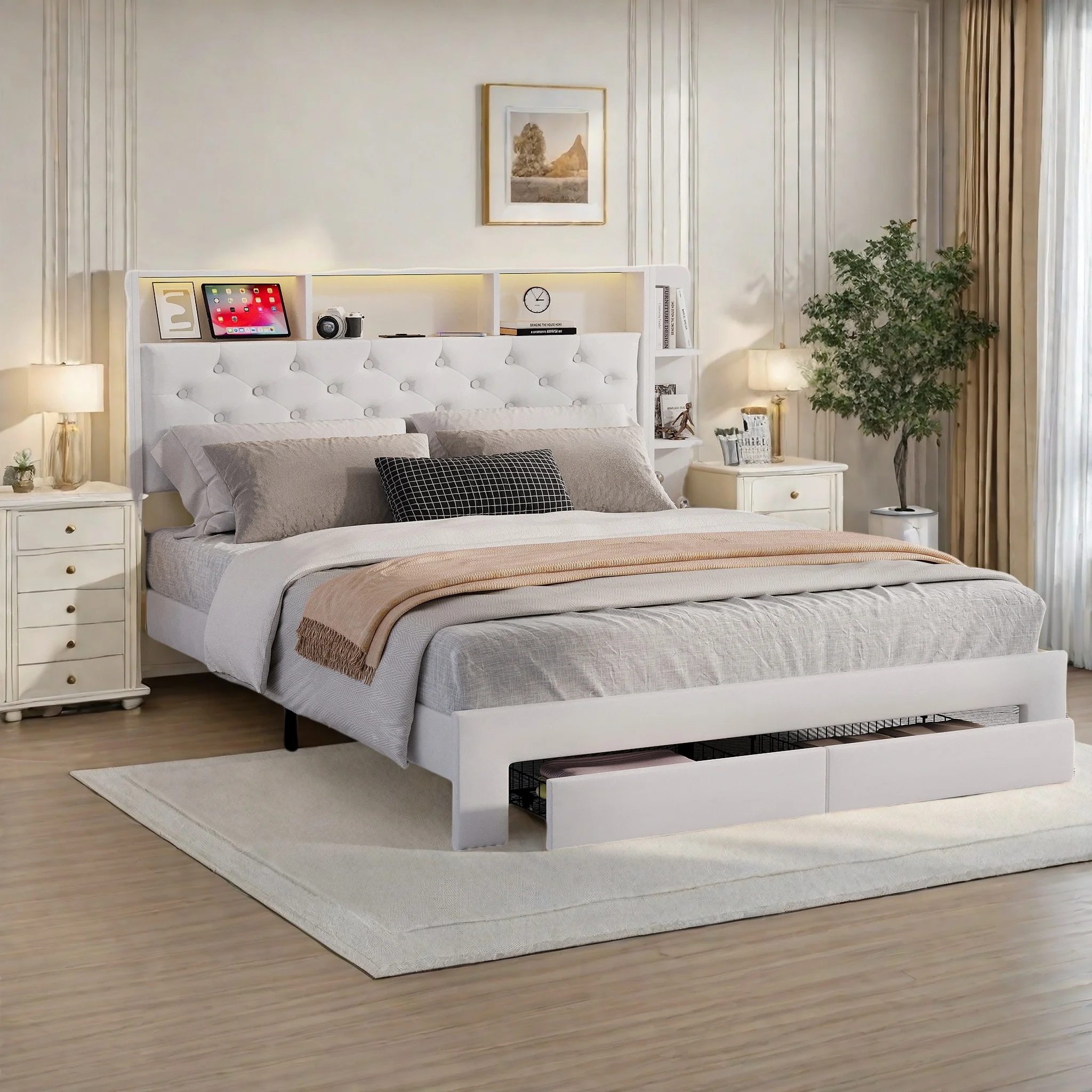 WoodenAura Doppelbett 140x200 mit Lattenrost, Kopfteil mit LED-Beleuchtung und USB-Anschluss, Bettgestell mit Schublade in weißem Samt