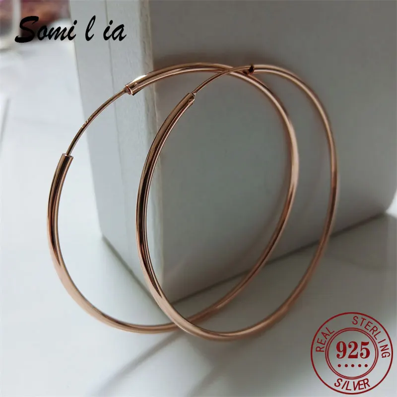 SOMILIA Neue Rose Gold Große Creolen für Frauen, 925 Sterling Silber Schmuck Weibliche Mode Frauen Ohrringe 40-70mm für Gift222