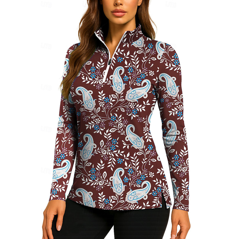 Women's Golf Polo Shirt Tennis Shirt Tennis Tee Long Sleeve Print Quarter Zip Pullover UV Protection Elastic Breathable Volleyball Tennis Golf Zip Collar Shirt Polo Red Dark Navy Purple Tennis