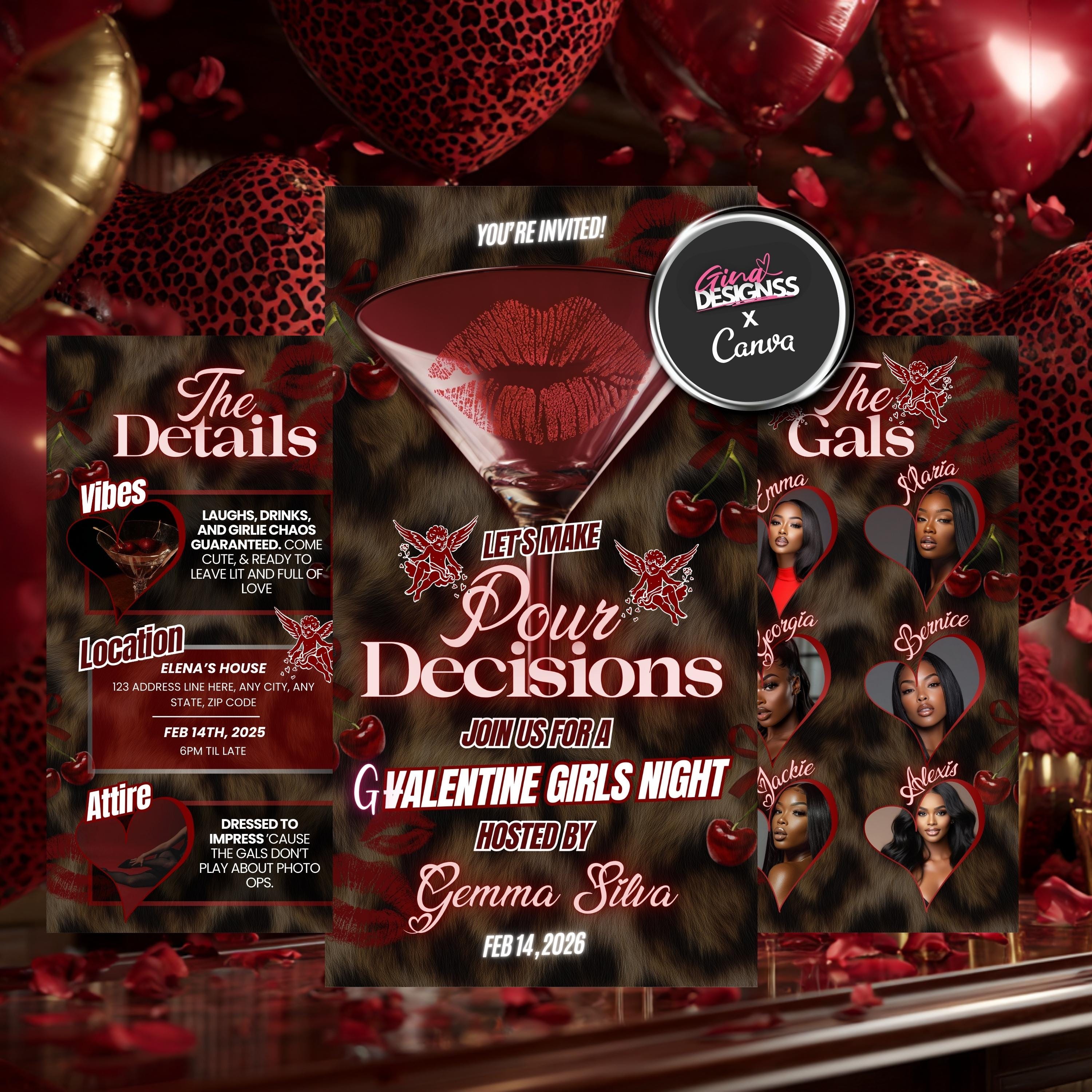 Modello di invito per il Galentine's Day di Pour Decisions / Invito per la serata tra ragazze / Invito elettronico per Galentines con stampa Red Cheet