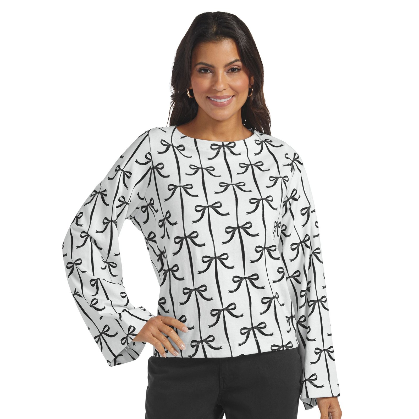 Masseys Bell Sleeve Knit Top (Size S) Black White Bow, Cotton