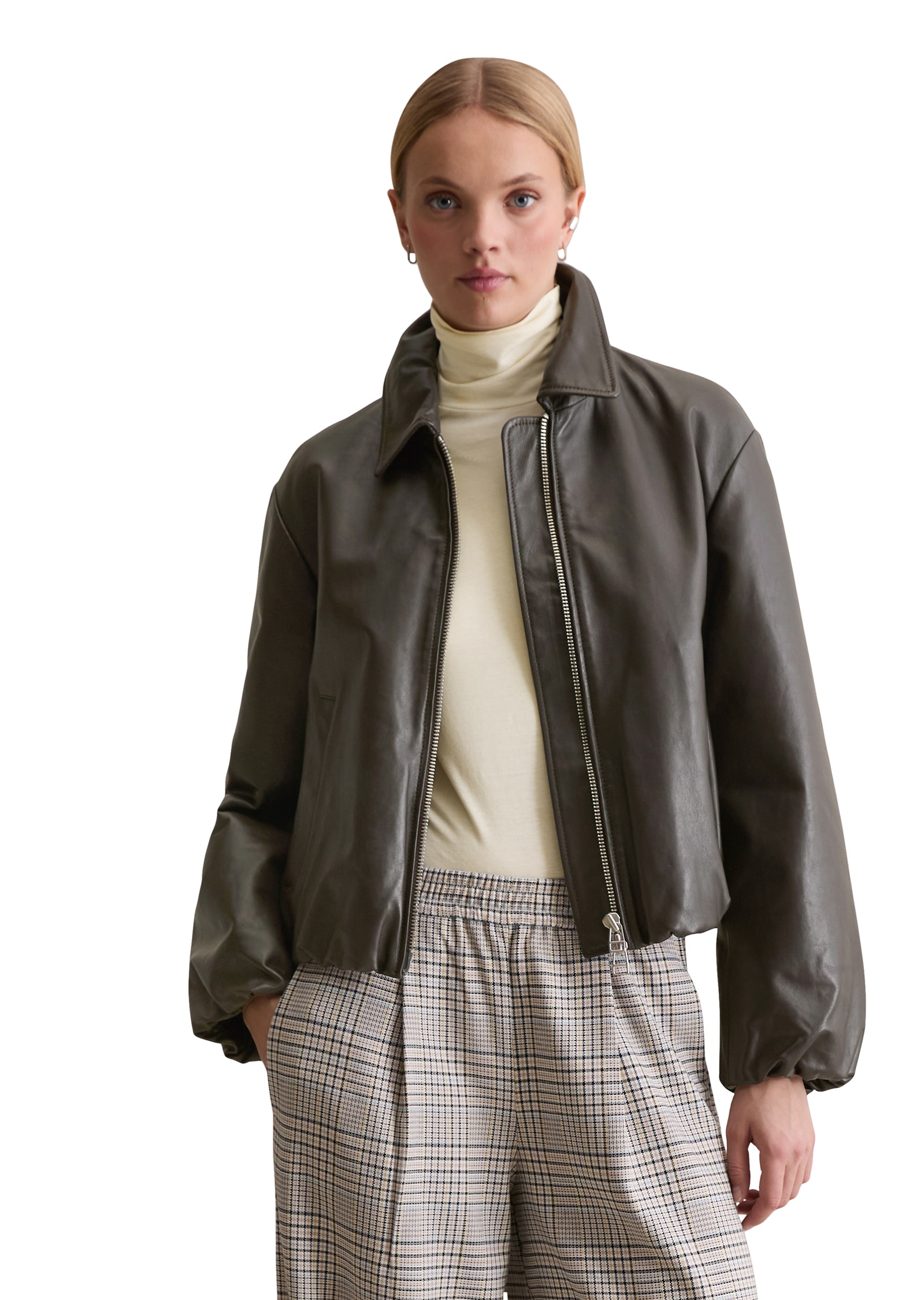 Lederjacke MARC O'POLO DENIM "Blousonform O-Shape aus softem Lammleder", Damen, Gr. S, schwarz espresso, Obermaterial: 100% Lammleder, regular fit normal, Jacken