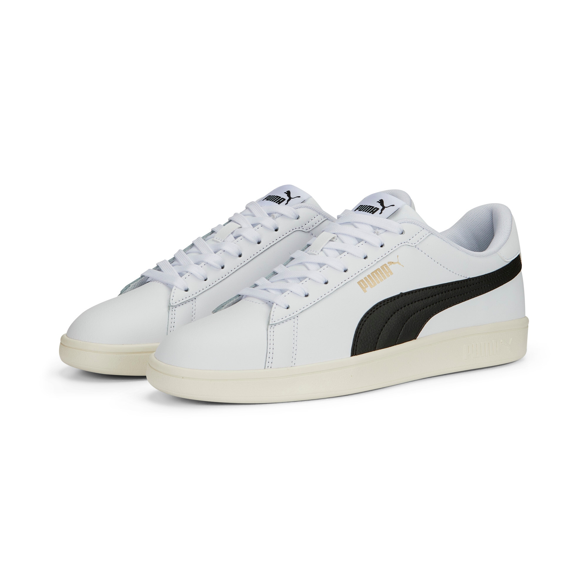 Sneaker PUMA "SMASH 3.0 L", Damen, Gr. 44, schwarz-weiß (puma weiß, puma schwarz, puma gold, frosted ivory), Leder, unifarben, Schuhe Sneaker, mit sportlicher Optik, mit leicht profilierter Gummilaufsohle Image