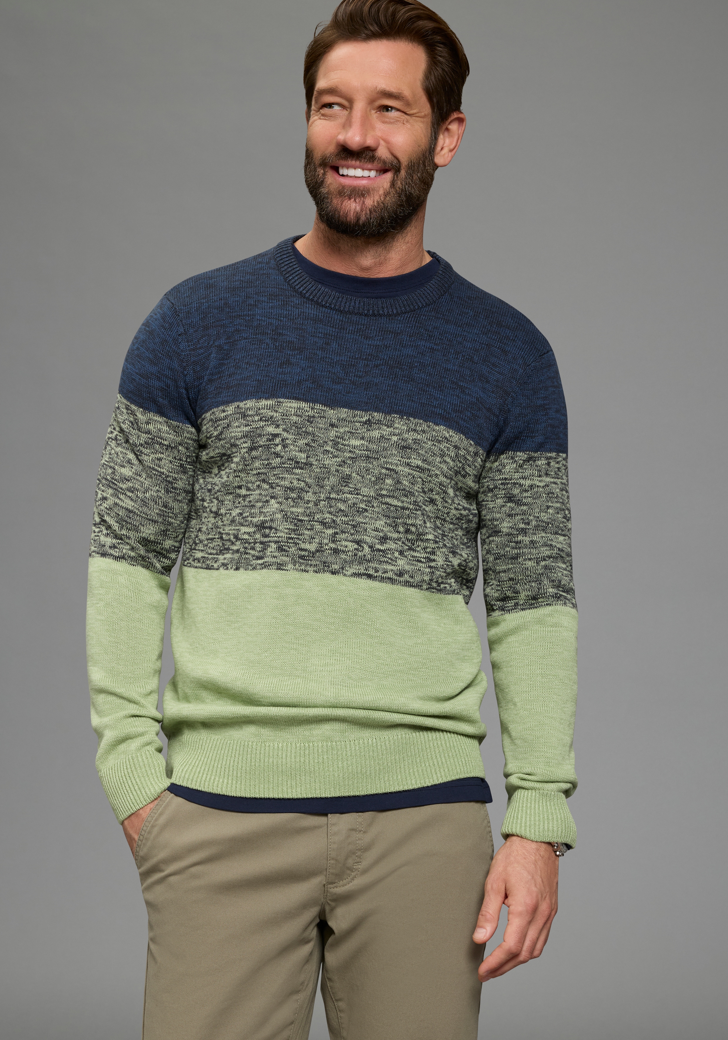 Rundhalspullover MAN'S WORLD "Bis Größe 5 XL", Damen, Gr. 4XL (68/70), grün, blau, Strick, Obermaterial: 50% Baumwolle, 50% Polyacryl, meliert, regular fit, Rundhals, Rippstrickbündchen, Pullover Rundhalspullover, mehrfarbig