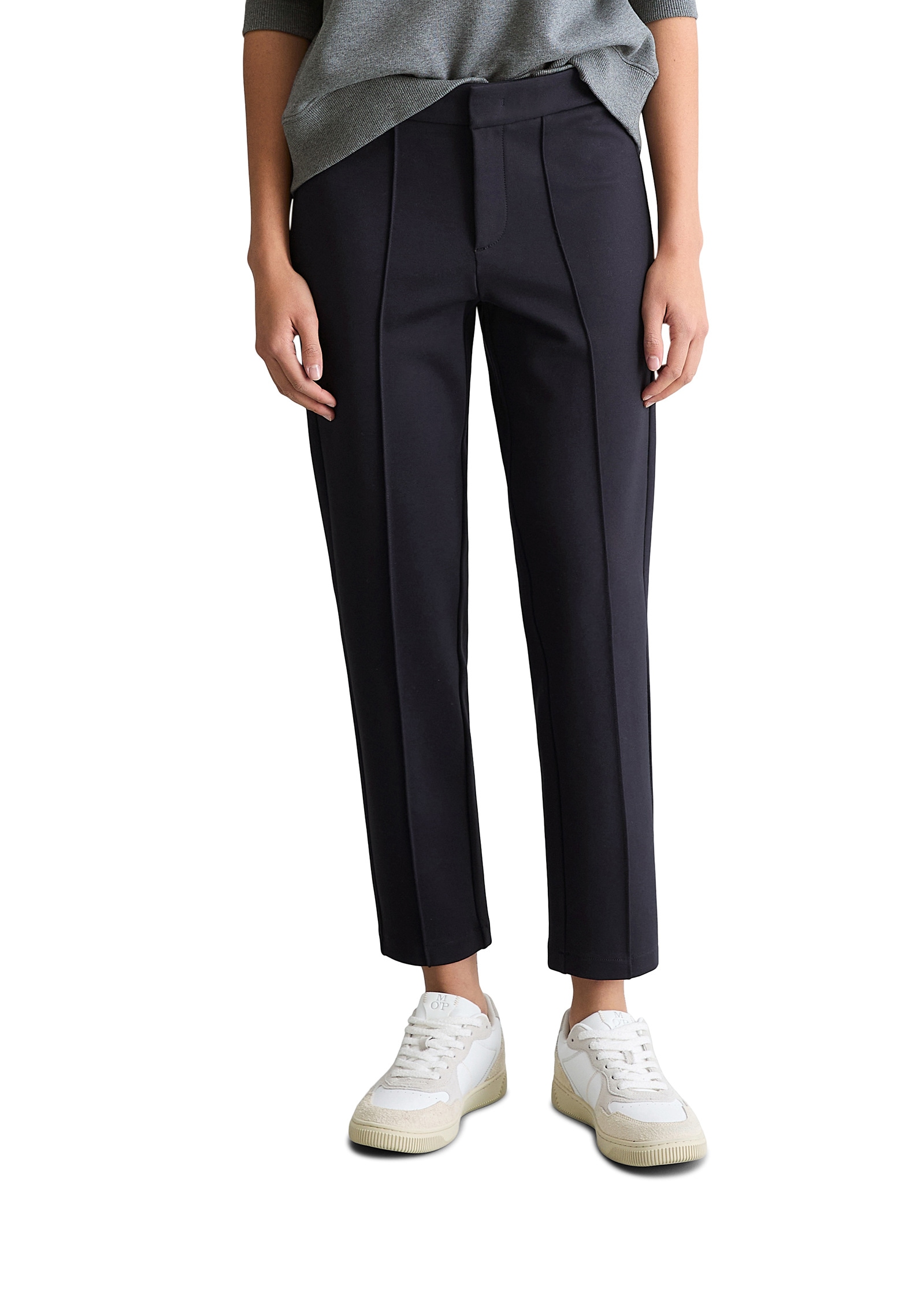 Chinohose MARC O'POLO DENIM "aus kompakter Interlock-Qualität", Damen, Gr. XL, Normalgrößen, blau depths, Obermaterial: 74% Viskose, 21% Polyamid, 5% Elasthan, unifarben, slim fit kurz, Hosen Chinohose