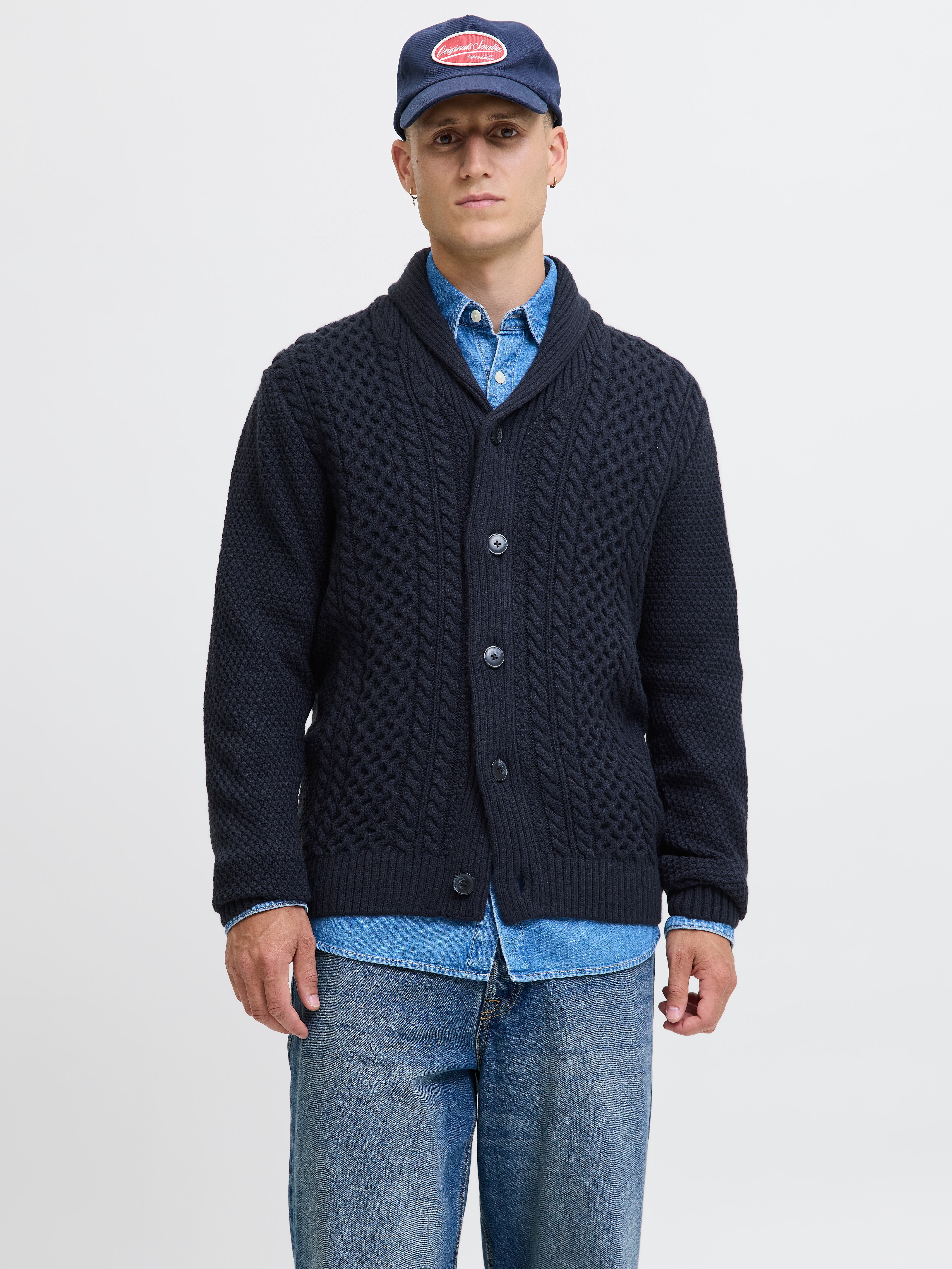 Strickpullover JACK & JONES "JJPAUL KNIT SHAWL CARDIGAN", Herren, Gr. M, sky captain, Strick, Obermaterial: 82% Polyacryl, 18% Baumwolle, unifarben, regular fit normal, Pullover Strickpullover