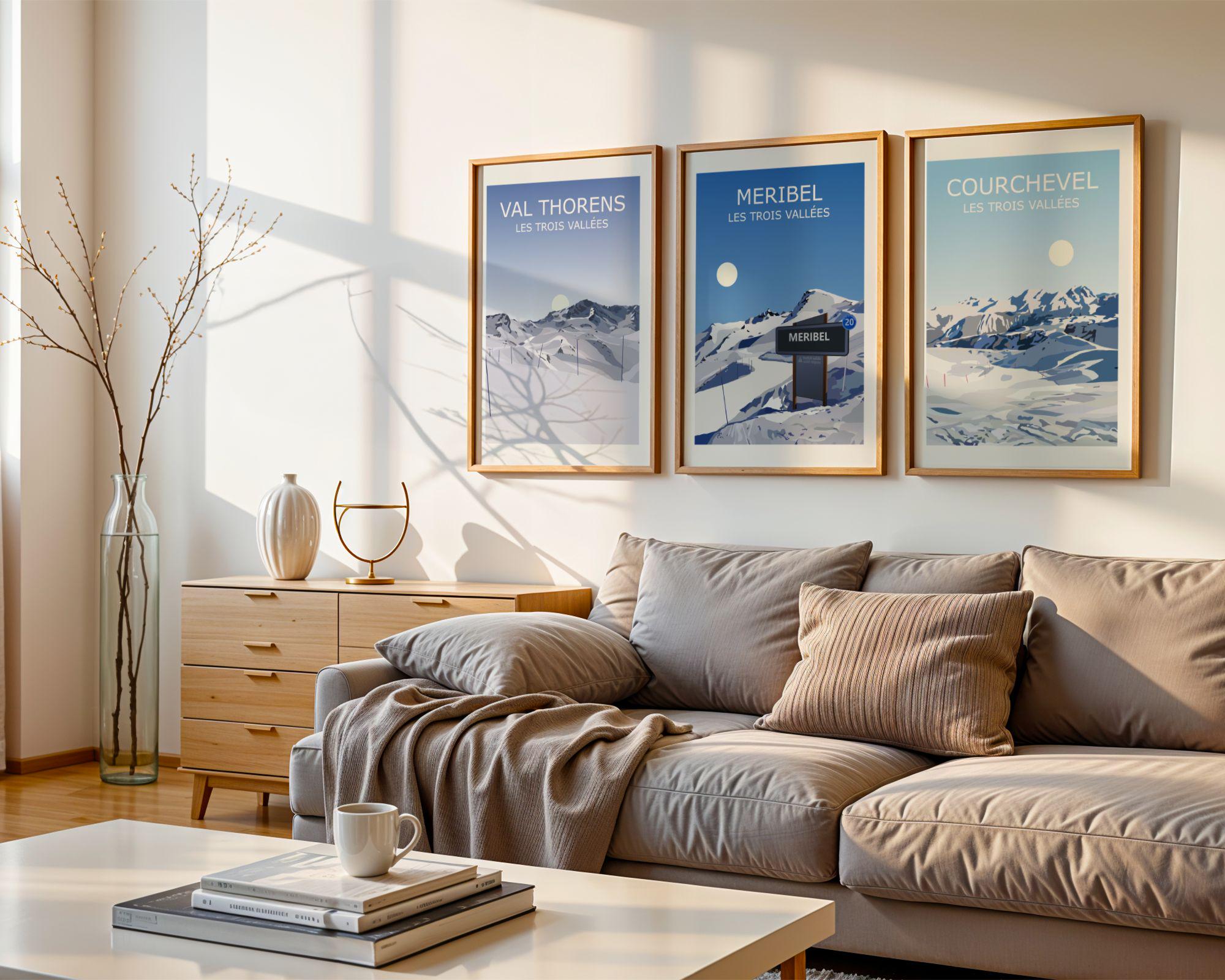 Les Trois Vallees 3er-Set Kunstdrucke, Meribel, Courchevel, Val Thorens, Ski-Resort-Landschaft, Die drei Täler Frankreich, Ski-Schneelandschaft