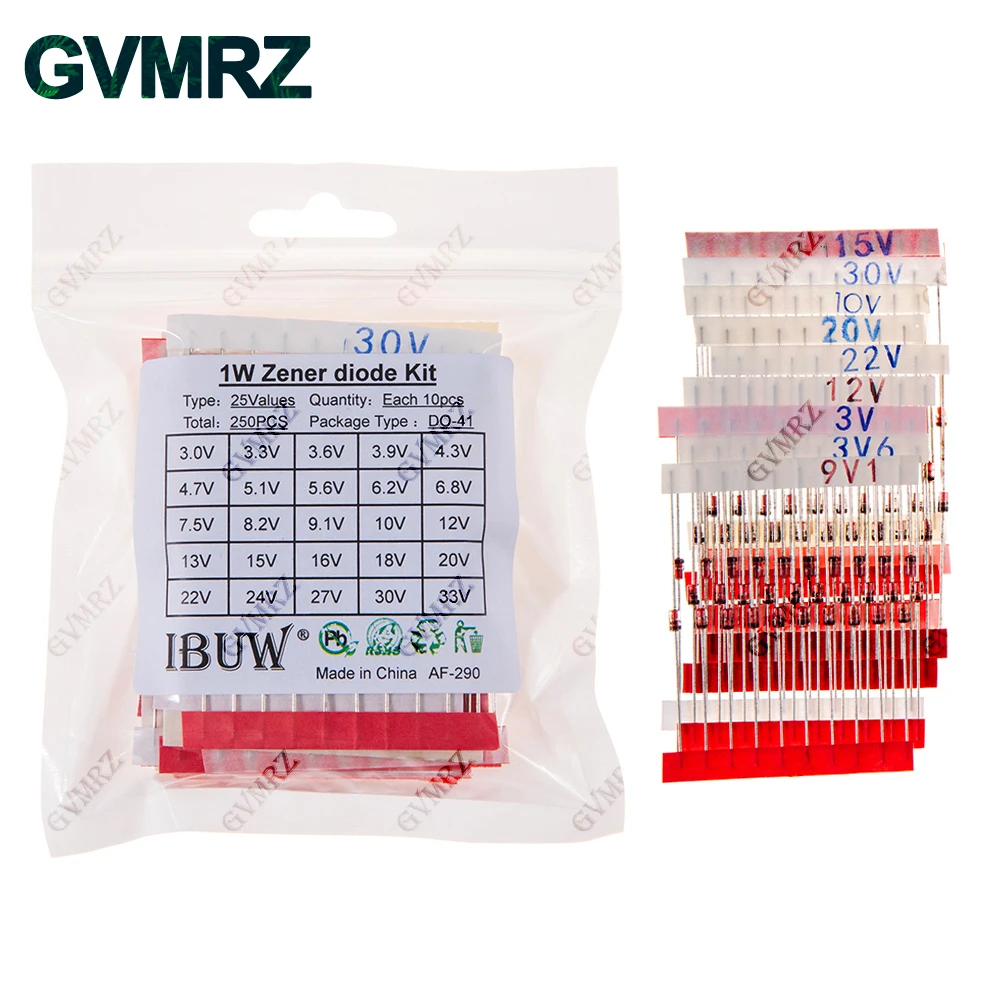 250PCS 25Werte 1W Zener Diode Kit 3,0V-33V DO-41 für Spannungsregelung elektronische Projekte Image