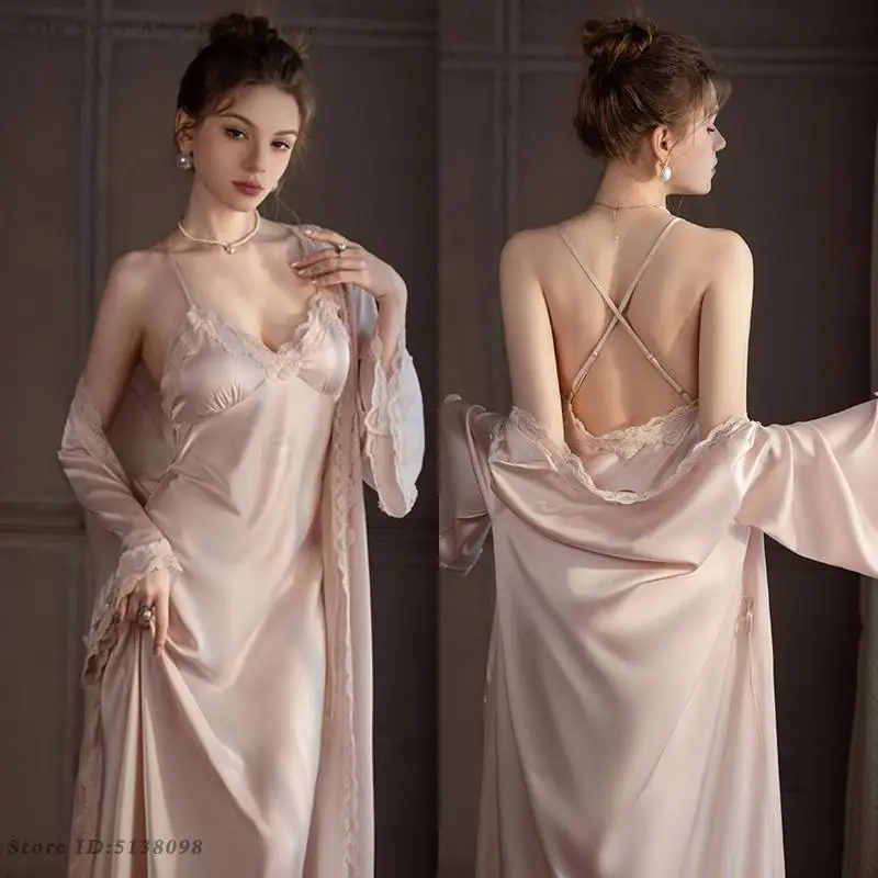 Nighty & Robe Set Sexy Braut Lange Hochzeit Bademantel Kleid Frühling Sommer Neue Nachtwäsche Lose Satin Hause Tragen Spitze Chemise nachthemd Image
