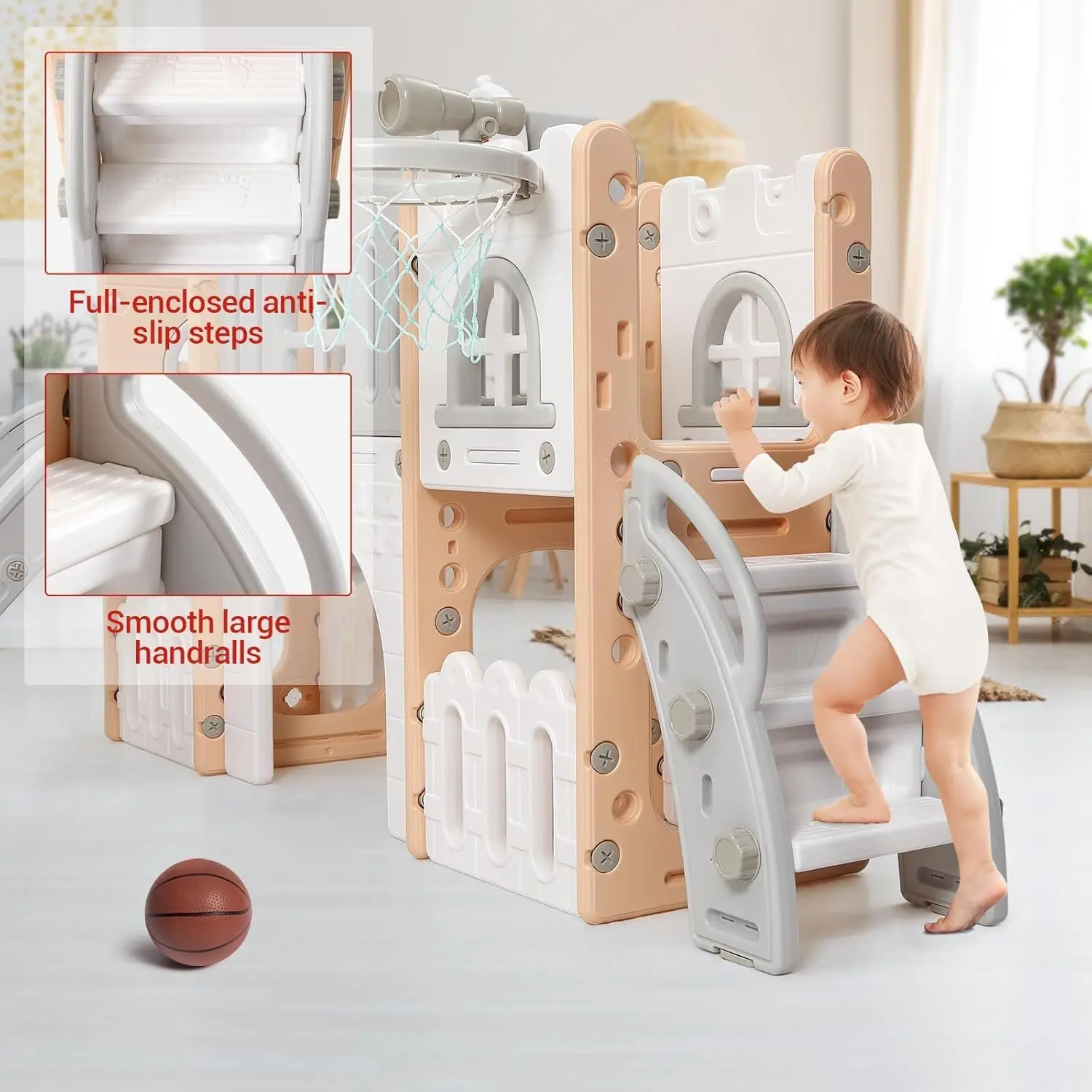 Kinderrutsche 8 in 1, große Kleinkindrutsche, Spielplatz im Freien und drinnen, mit Basketballkorb, Kletterer, Teleskop, Tunnel und Stauraum Image