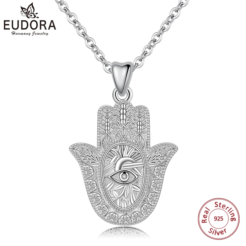 EUDORA 925 Sterling Silver Evil Eye Hamsa Collana con ciondolo a mano per uomo Donna Angelo Chiamante Gioielleria raffinata per dropshipping CYD312