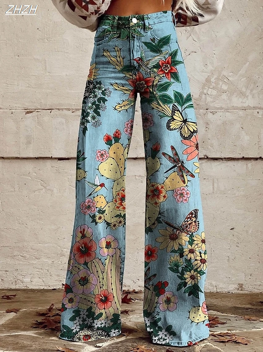 Retro Vintage Boho 1970er Jahre Hose Hose mit weitem Bein Hippie Disco Hohe Taille Floral Faux Jeans Stil Damen Festival Retro Hose