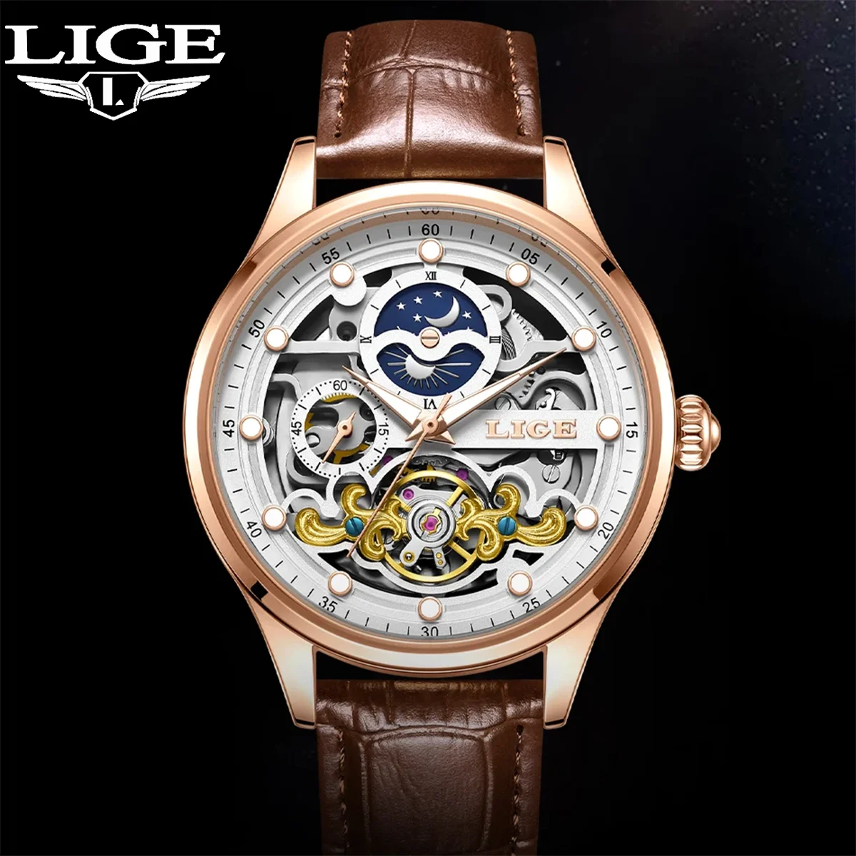 LIGE Luxus Business Männer Uhren Mode Leder Automatische Mechanische Uhr Wasserdicht Mond Phase Tourbillon Skeleton Mann Uhr Image