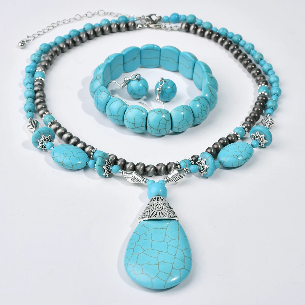 Vintage Runde Perlen Synthetische Türkis Halskette Armband Ohrringe Set Damen Klassisch Trendy Urlaub Handgefertigter Schmuck