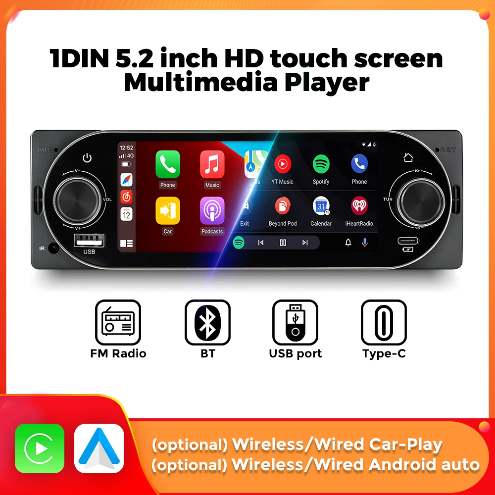MEKEDE&NAVIFLY 1Din Wireless CarPlay HD Touchscreen Universal 5,2'' Autoradio FM Stereo MP5 Multimedia Player BT TF Port Kamera Image