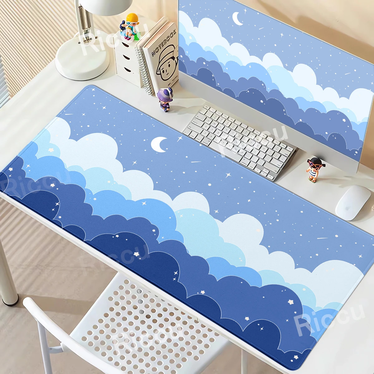 Großes Mauspad mit blauen Wolken, Pastellwolke, Schreibtischunterlage, Kawaii-Cartoon-Mauspad, Gummi-Tischset, erweiterte Gaming-XXL-Tastaturmatte Image