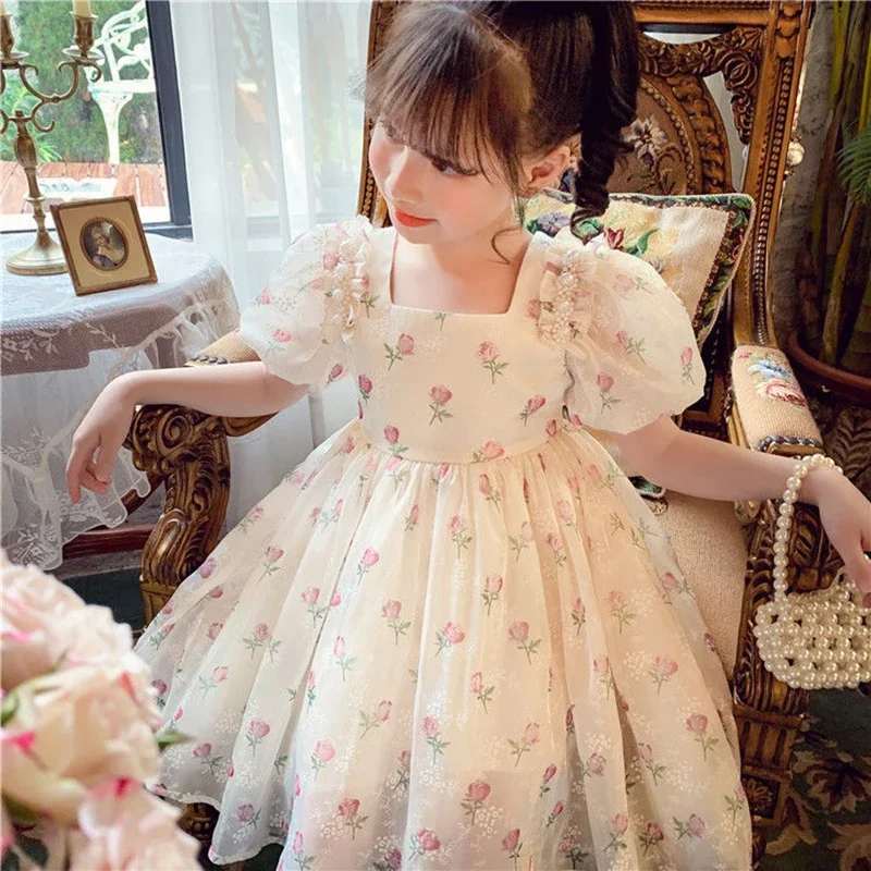 1-8 Jahre alt Sommer voller Druck Rose Blume Spitze Mädchen Kleid große Schleife Perle Dekoration Prinzessin Party Kleid für Kinder