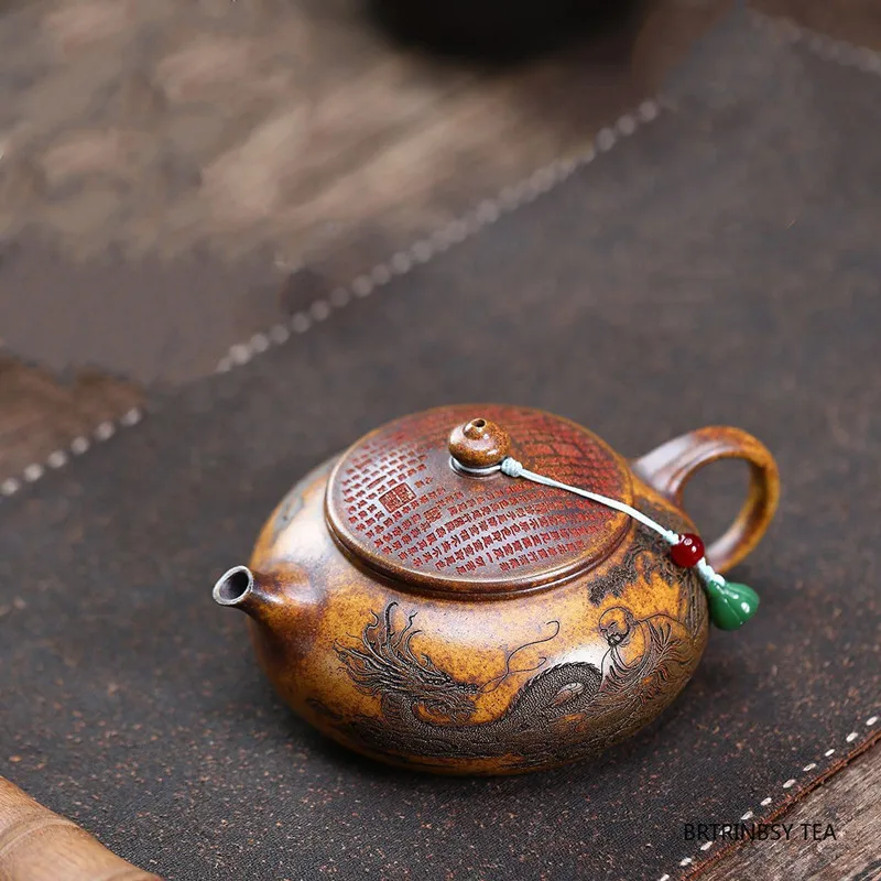 Tradition Yixing Purple Clay Teapot Handmade Dragon Tiger Pattern Tea Pot Household Beauty Kettle Chinese Zisha Tea Set 290ml