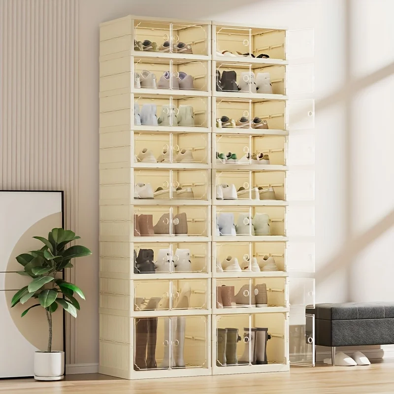 9-stöckige klappbare Schuhboxen, 1 hoch 8 niedrige Kunststoffboxen, Schuh-Organizer mit Tür für 18 Paare, cremeweiß schwarz.